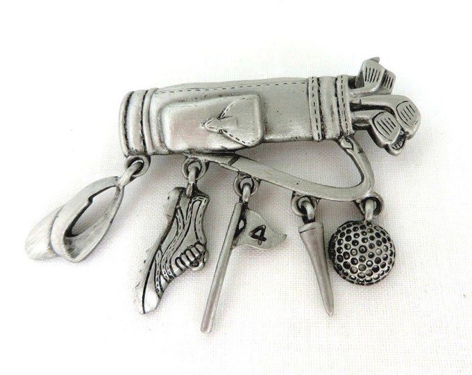 Vintage JJ Golf Bag Brooch, Pewter Pin, Dangling Golf Accessories
