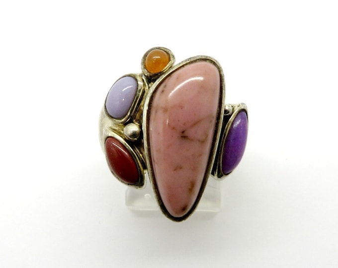ON SALE! Rhodonite and Jasper Sterling Silver Ring, Vintage Statement Ring, Size 7