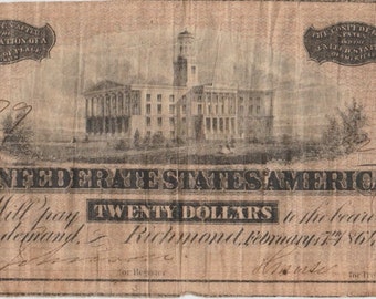 1864 Civil War CSA Confederate States of America 20 Bill Note Money
