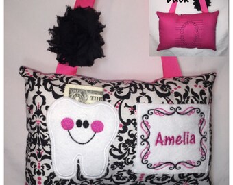 Tooth Fairy Pillow Girl Hot Pink Black Damask Toothfairy Pillow
