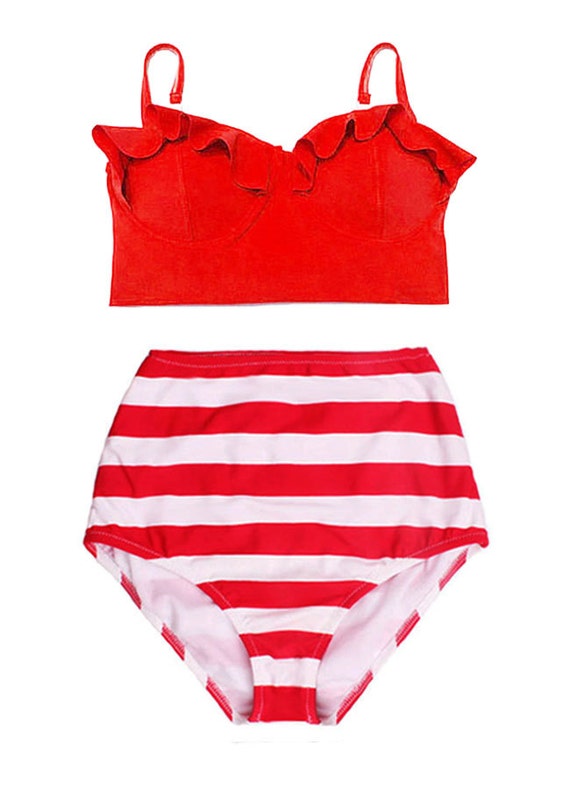 Red Midkini Top and White/Red Stripe Stripes High waisted
