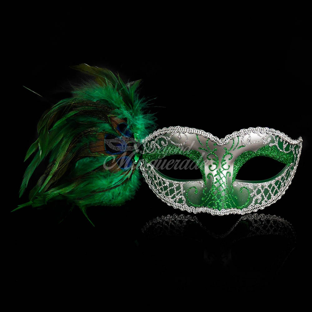 Silver Green Masquerade Mask Elegant Peacock Feathers