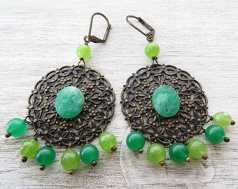 Rustic earrings, chandelier earrings, green peridot and emerald jade earrings, bronze filigree earrings, vintage style gemstone jewelry