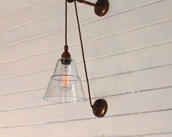 pulley industrial light cage mount handle wooden