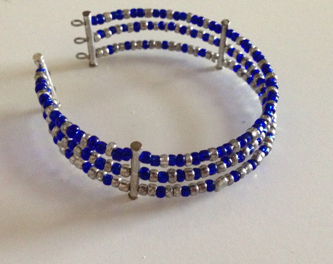 clearance! blue and silver glass beaded cuff bracelet