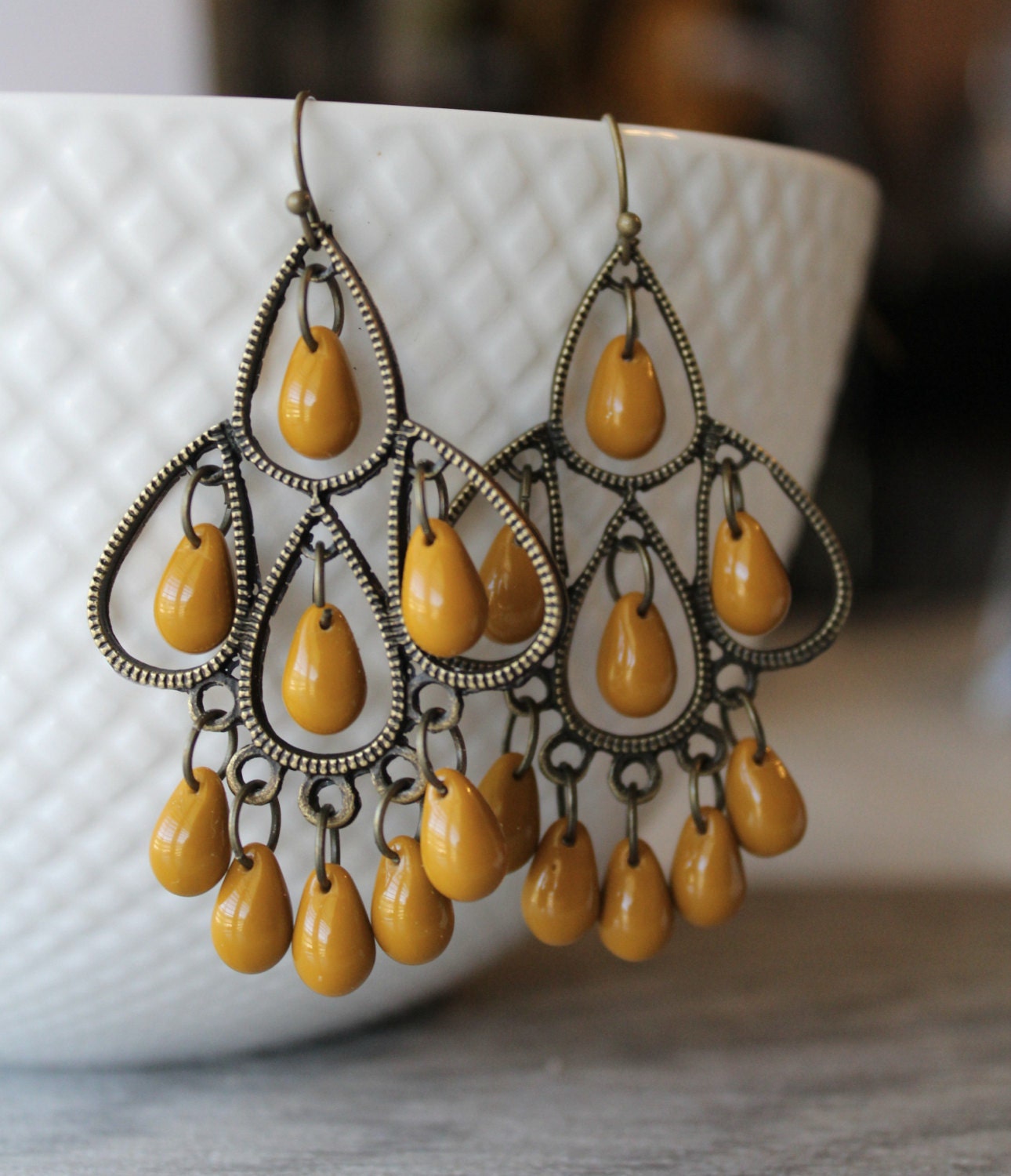 Mustard Yellow Boho Chandelier Earrings Ginger Spice