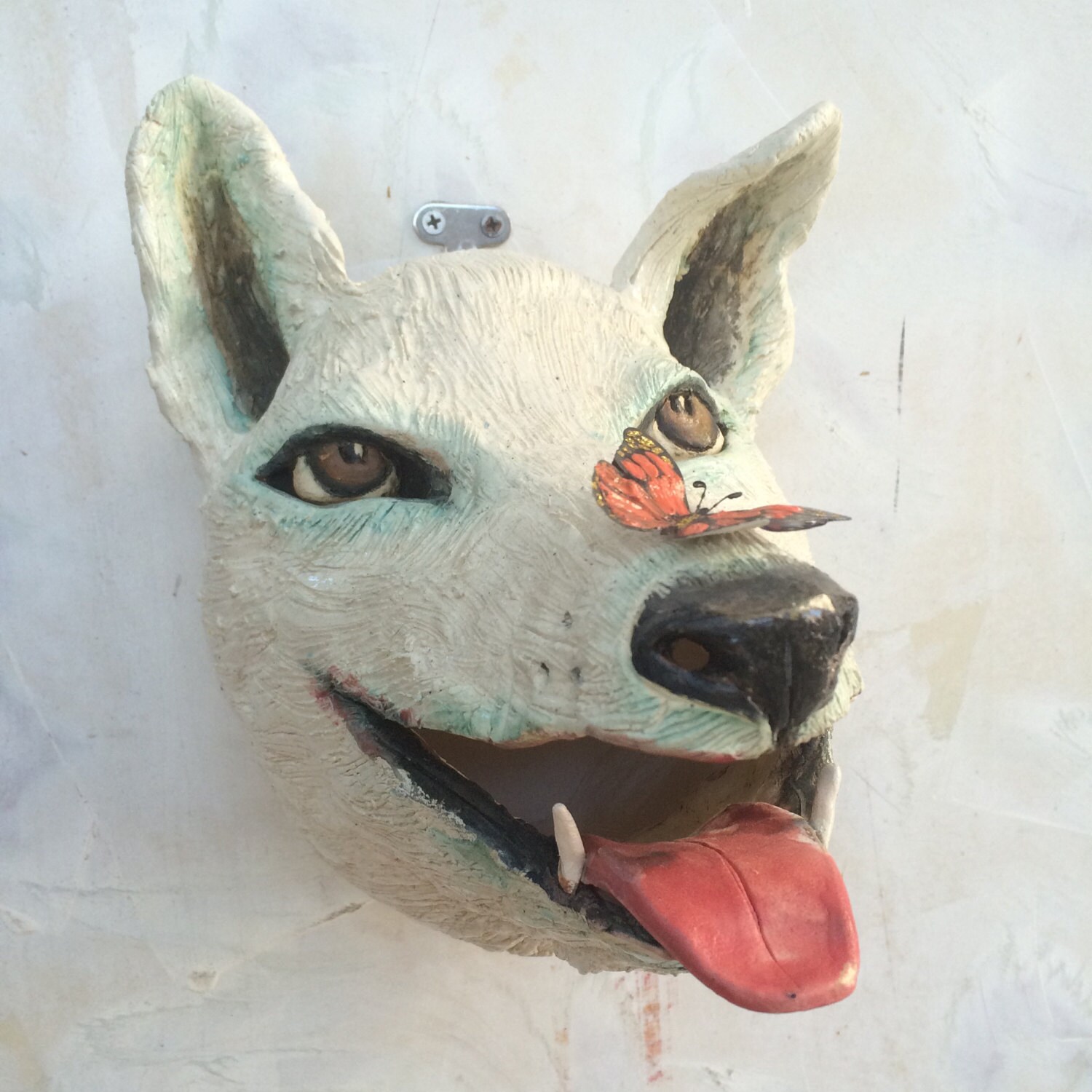 White Wolf Sculpture Head with Paper Butterfly by RedMerMadeArts