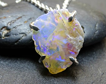 small opal pendant raw crystal, raw Australian opal Lightning Ridge, small opal necklace silver, opal anniversary gift rough crystal pendant
