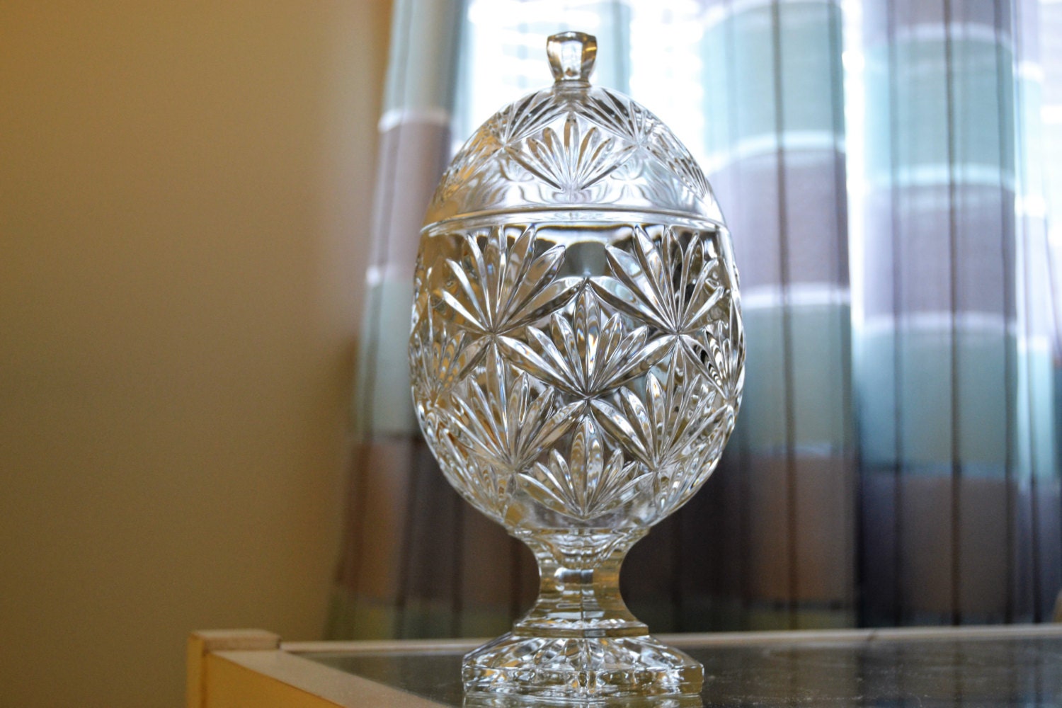 SALE CUT GLASS Egg Shaped Candy Dish with Lid