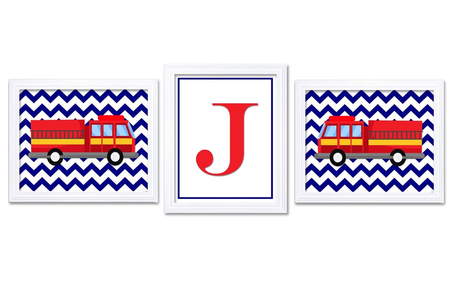 Fire Truck Nursery Art Set of 3 Prints Navy Blue Red Black Yellow Grey Letter Monograhm Child Kid Bo