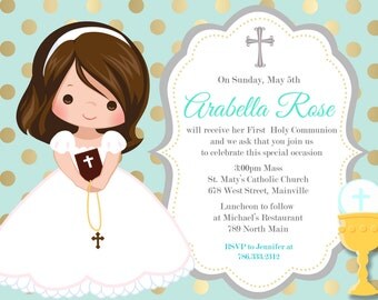 First Communion Invitation, Girl, Mint, Gold, Any Hair Color - Printable or Printed