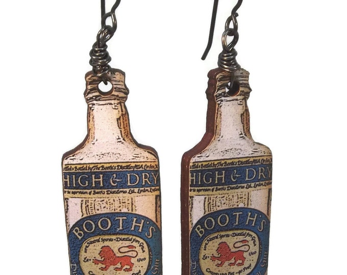 Wooden Gin Liquor Bottles Dangle Drop Earrings Gun Metal Nickle Free Ear Wires