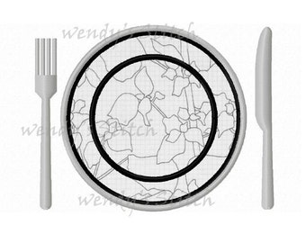 Dinner plate knife fork applique machine embroidery design instant download