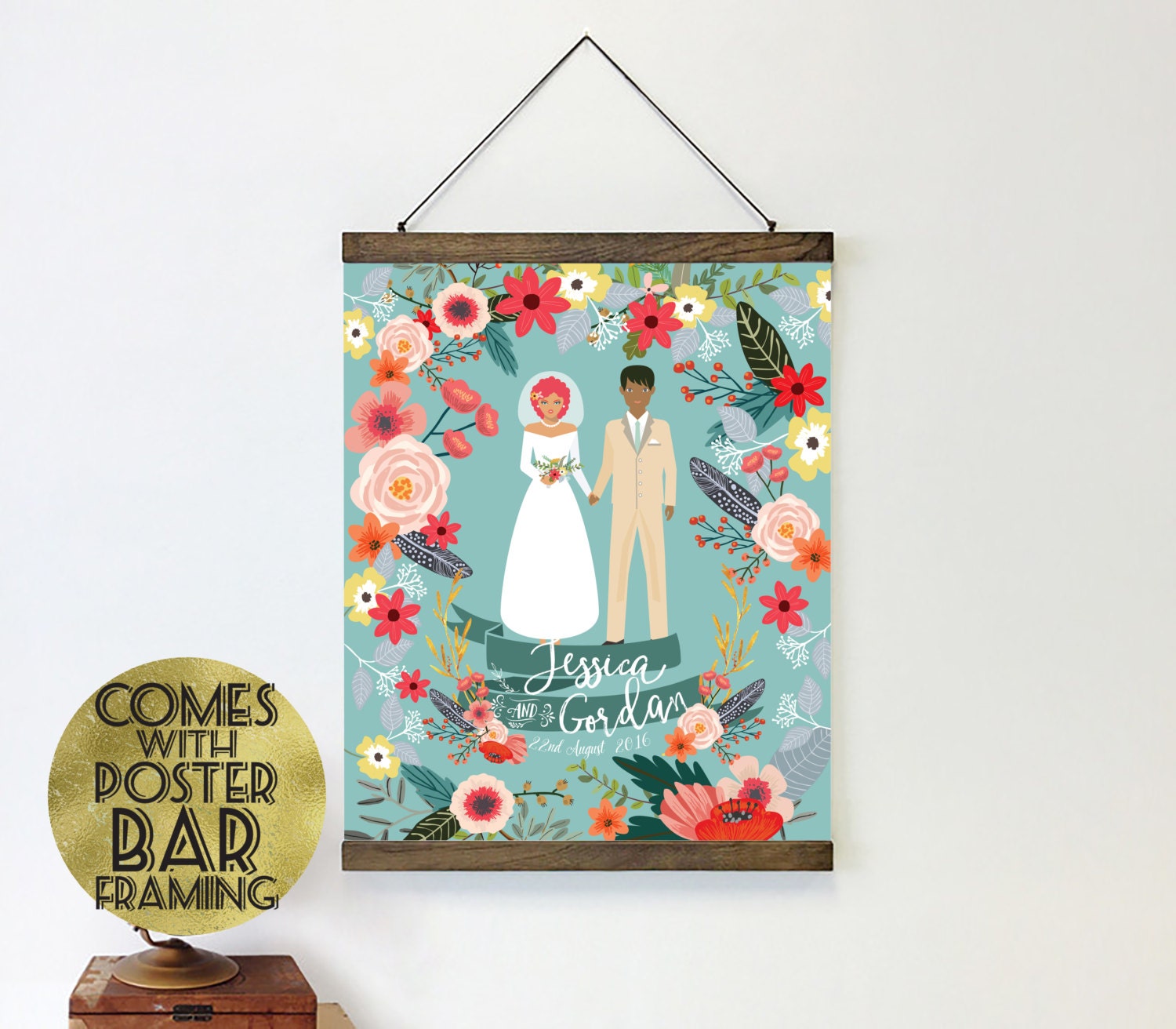 Unique wedding gift - Wedding gift ideas - Gift for her - Poster hanger - Wedding illustration - Wedding portrait - Couple portrait