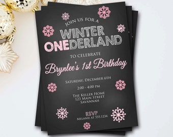 Winter Onederland Invitation, Winter Onederland Birthday, Onederland Invite, Snowflake Invitation, Chalkboard Invitation, DIY Printable