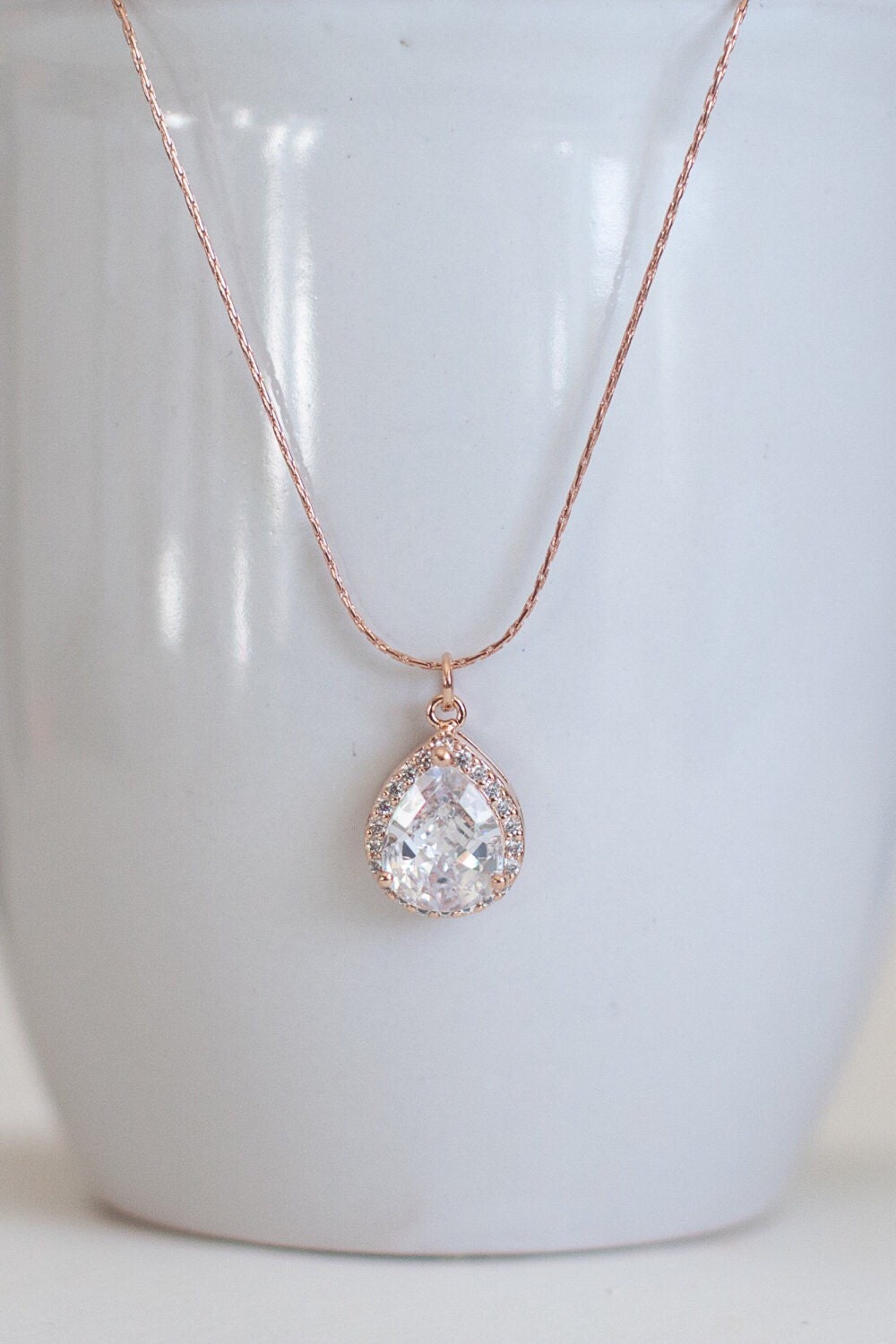 Rose gold diamond necklace set rose gold teardrop jewelry set