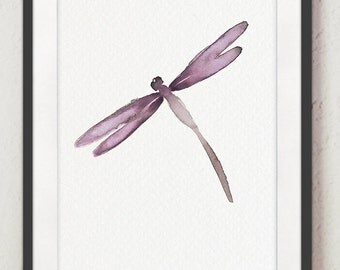 Dragonfly, Purple Wall Art, Abstract Watercolor Painting, Dragonflies Home Decor, Giclee Fine Art Print, Minimalist Painting, Summer Insect