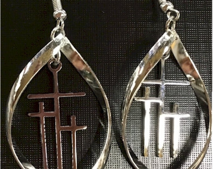 Calvary 3 Cross Earrings Necklace Silver Gold Hoop Drop Dangle Womans Christian Jewelry - Saint Michaels Jewelry - Calvary Three Cross