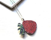 Strawberry Necklace, Red Strawberry Pendant, Wimbledon Inspired Accessory, Red Summer Jewellery, Shrink Plastic Illustrated.