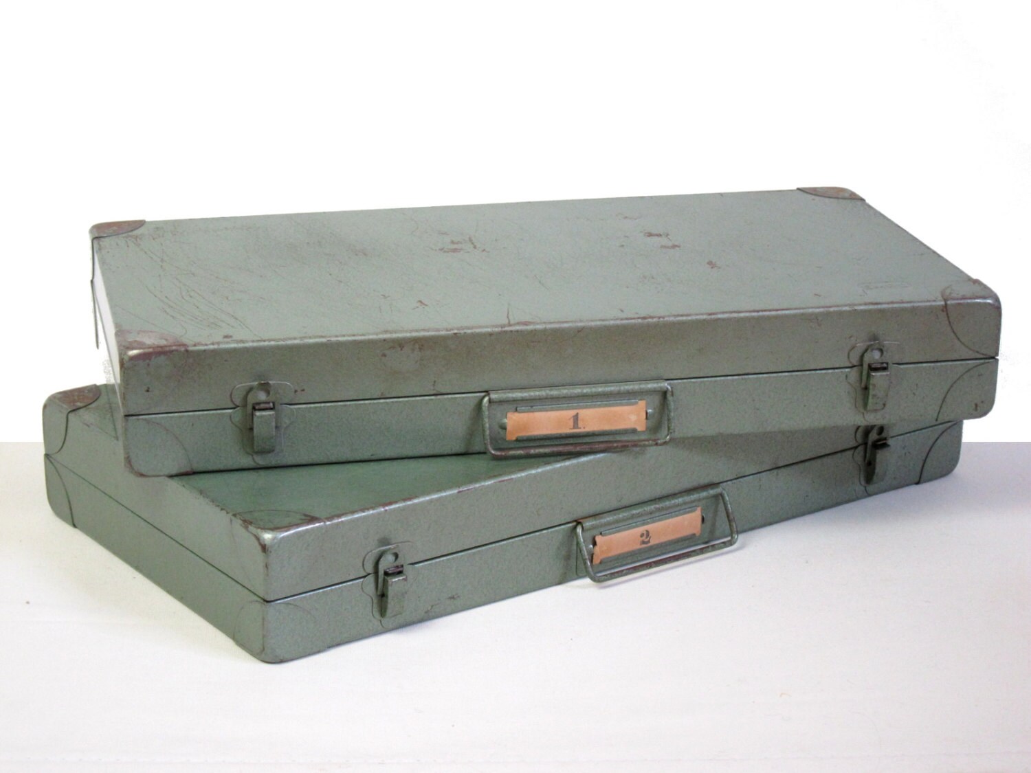 2 vintage slide boxes, industrial metal storage, seafoam green, for