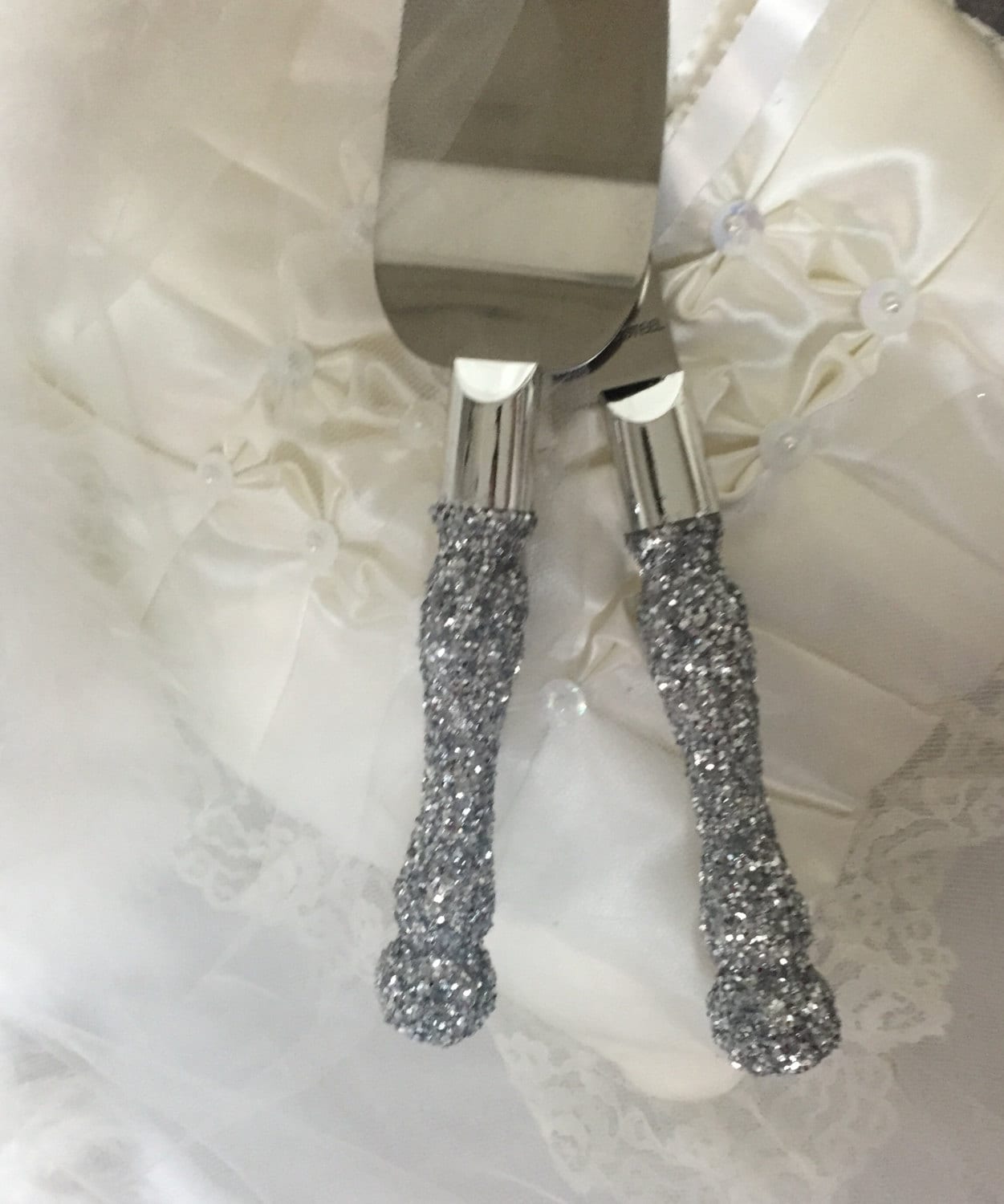 Silver cake cutting set silver glitter cake cutting set