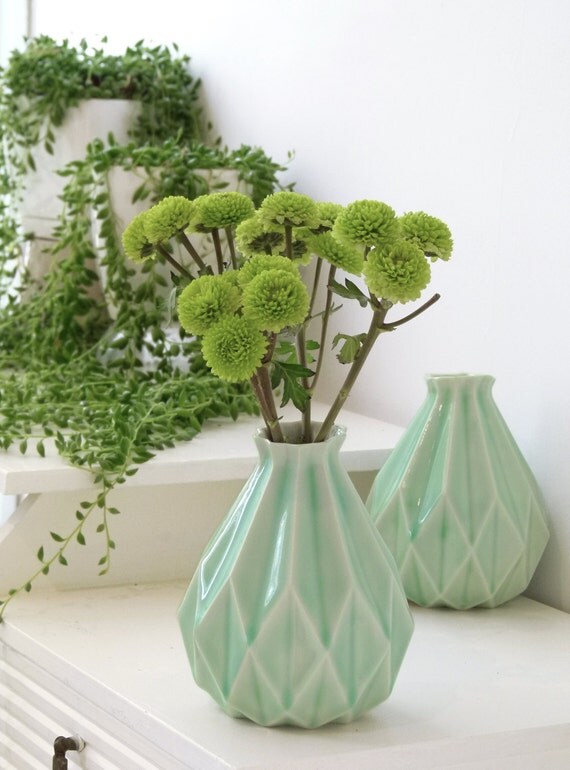 Geometric vase Light green ceramic flower vase by StudioArmadillo