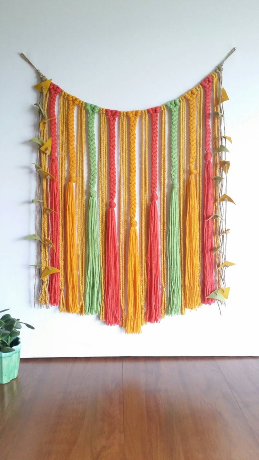 Yarn wall hanging. Braided. Colorful. Wool felt. Bohemian