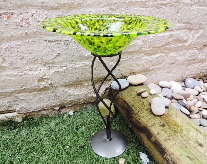 Round green fused glass bowl, floating candle holder on metal stand, fruit dish. Decorative bowl. Home decor. Garden ornament. Wedding gift