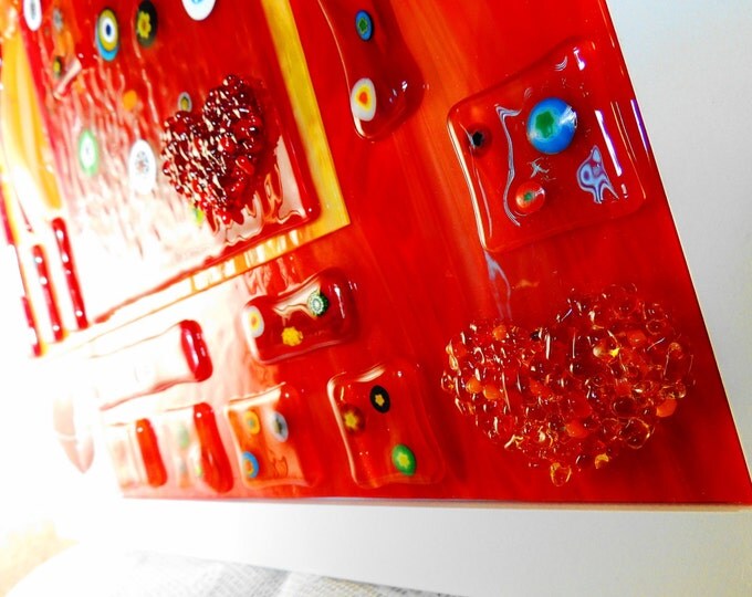 Fused glass wall art. Unique abstract hanging artwork panel. Home decor. Gifts for her him. Red and orange handcrafted ornament. Giftware.