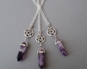 amethyst pentagram necklace, goth necklace, gothic jewelry, crystal point necklace