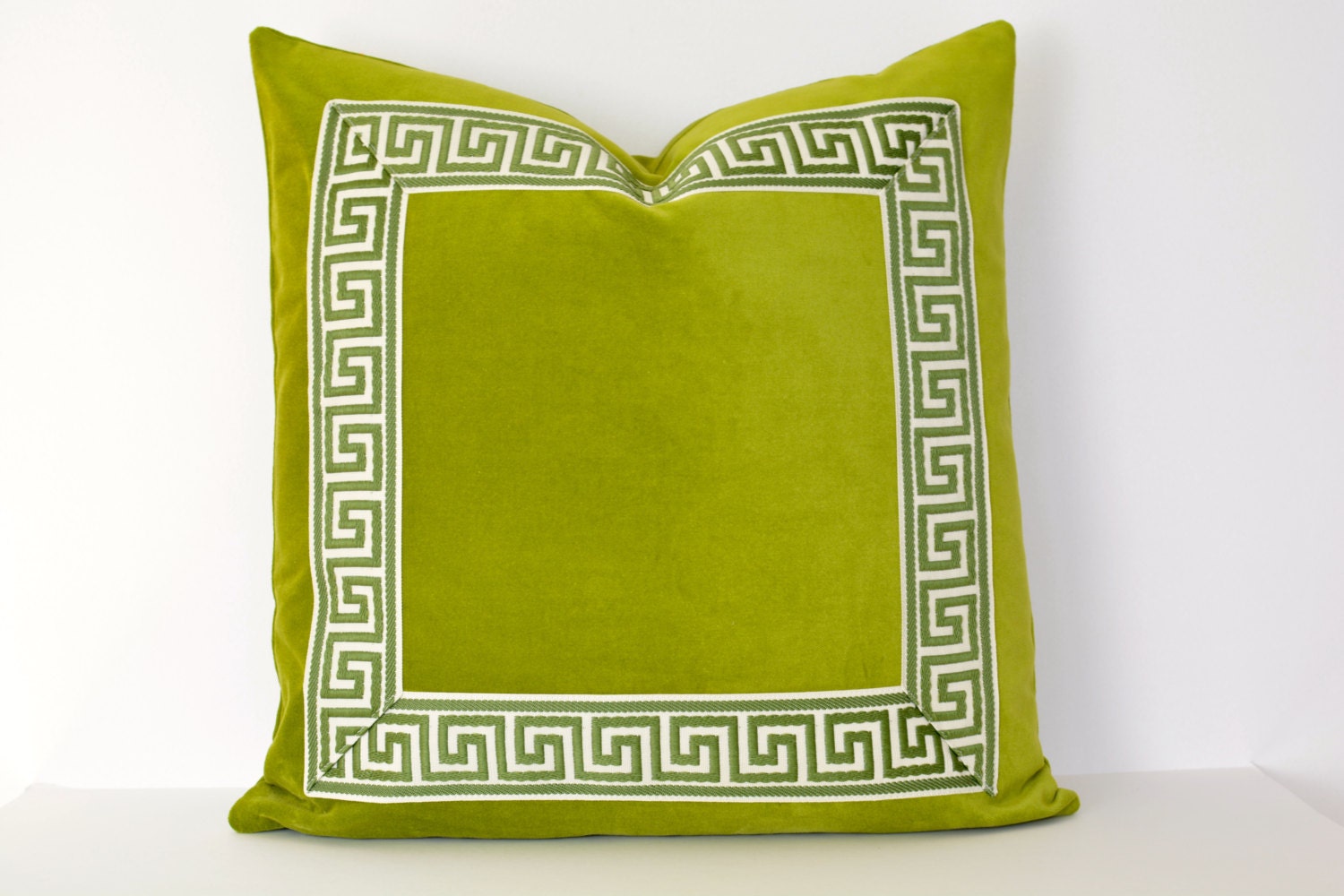 Green Pillow Cover with Greek Key Trim by ThereseMarieDesigns