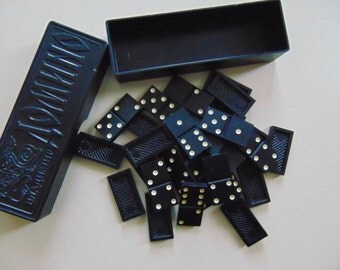 Vintage Bakelite Dominoes, Soviet Black Dominoes, Domino Set Made in USSR,1970s