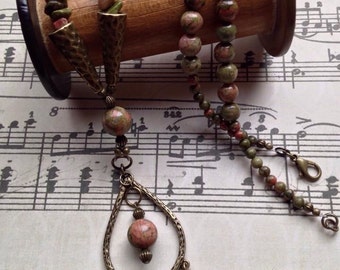 Leaf Pendant & Unakite Stone Bead Necklace