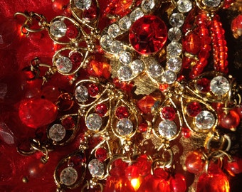 Vtg 70's ETHNIC BOHEMIAN rhinestones and beads large pierced chandelier earrings NOS