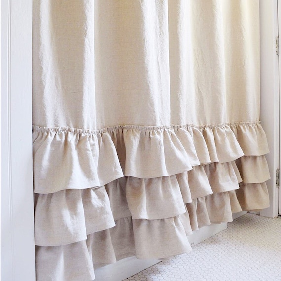 Belgian Linen Ruffle Shower Curtain Cotton Handmade Shabby