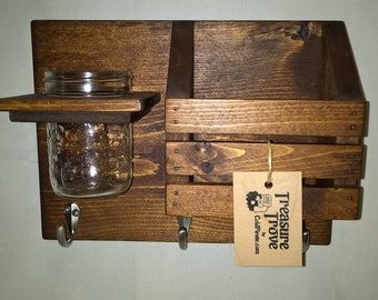 Wall Organizer - Key Hanger, Mail Holder, Mason Jar - Entryway Storage Decor - Stained Early American