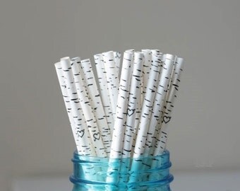 30 Birch Tree Paper Straws - Birch Style Rustic Party Straws - Pack of 30 Birch Straws with Hearts