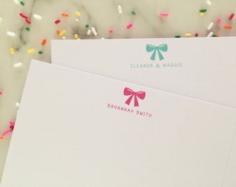 Bow Stationary - Girls Personalized Stationery Set of 20 Flat Girly Note Cards