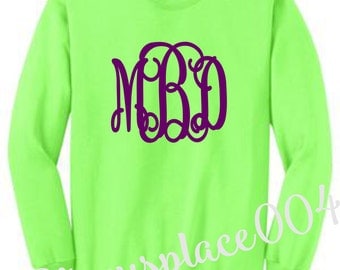 monogrammed sweater, monogrammed sweatshirt, monogrammed shirt, personalized sweater, neon green sweater