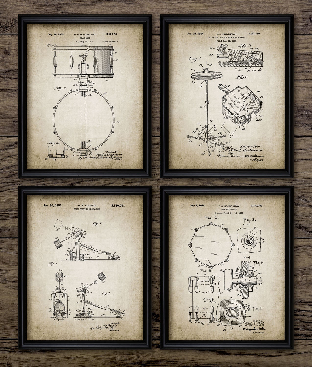 Vintage Drum Kit Patent Print Set Of 4 Prints Snare Drum