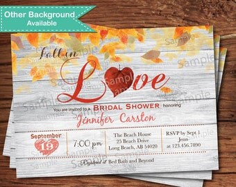 Fall in love bridal shower invitation. Autumn leaves, heart. Thanksgiving engagement party, couple shower printable digital invite. TX018
