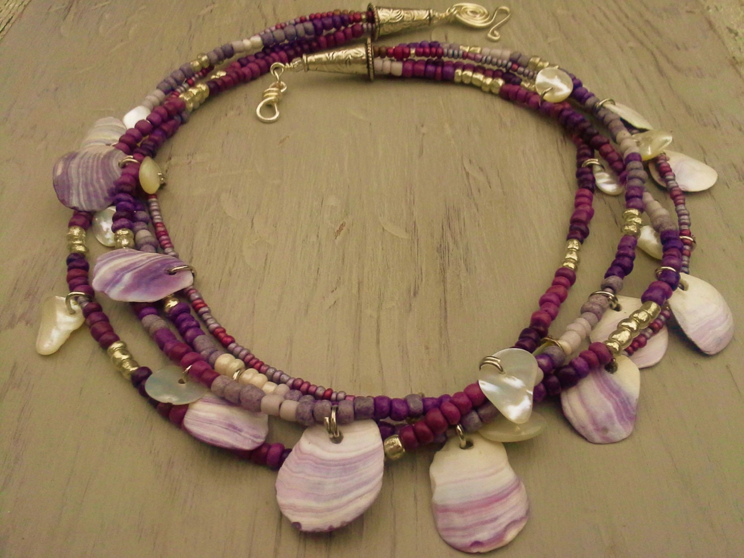Purple multistrand wampum and seed bead necklace wampum