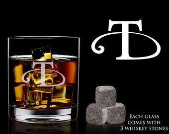 Personalized Whiskey Glass and Rocks – Great Whiskey Gift for Groom with Laser Engraved Whiskey Glass and 3 Whiskey Stones