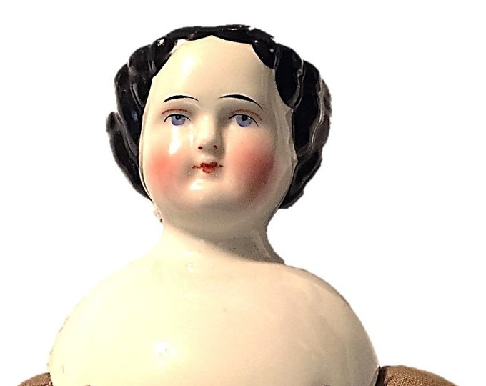 Antique Victorian 1860s High Brow China Head Doll in Original Clothing Made in Germany