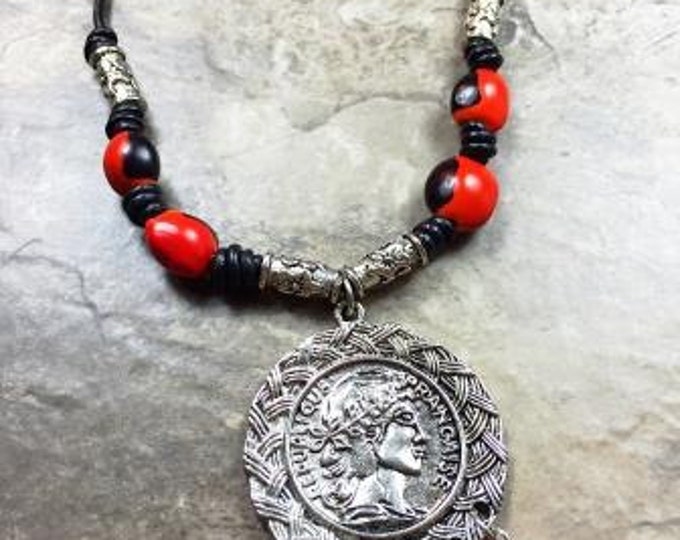 Tribal Huayruro Necklace, Huayruro Necklace, Black Leather Huayruro Jewelry, handcrafted huayruro necklace, Bolivian huayruro necklace