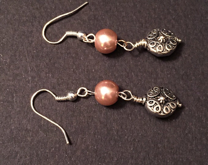 Pink silver earrings, Pink pearl earrings, Pink pearl jewelry, long pink pearl earrings