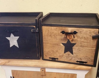 Primitive Wood Bread Box Breadbox Black w/ Shelf Handmade Choose Color- Star or No Star Distressed Rustic Black Kitchen