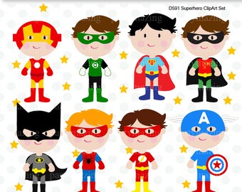 Superhero Clipart Set, Batman, Robin, Flash, Captain America, Superman, Green Lantern, Clip Art Graphic, Instant Download -D591