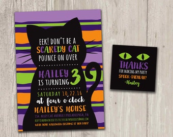 Halloween Birthday Invitation, Scaredy Cat, Black Cat Birthday, Kitty Birthday Party with FREE matching favor tag | Digital File