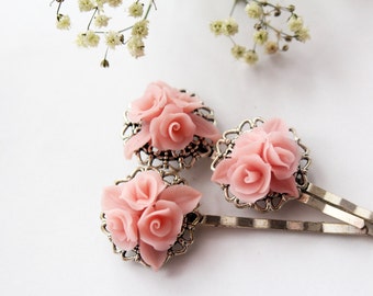 Soft pink bridal hair pin, set of 3 blossom hair accessories, pink rose pin, Wedding hair accessories, Bridal hair flower, Bride flower pin